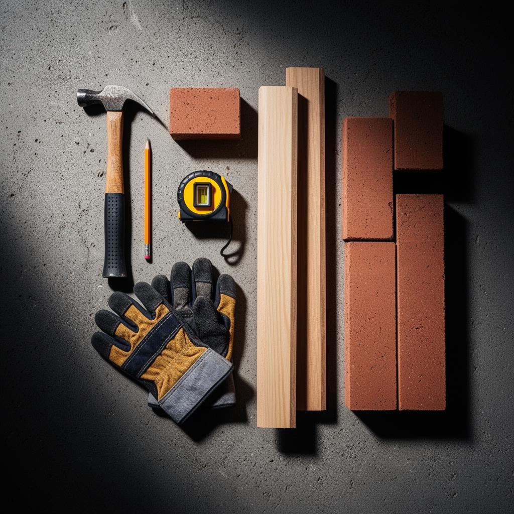 Builder's tools and materials — hammer, spirit level, tape, gloves, timber and brick — laid out on concrete